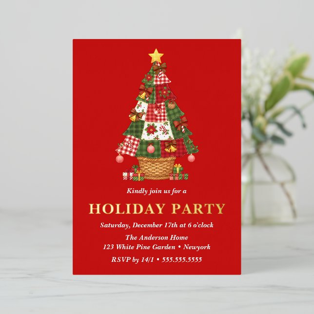 Invitation En Aluminium Patchwork Christmas Tree Fête (Debout devant)