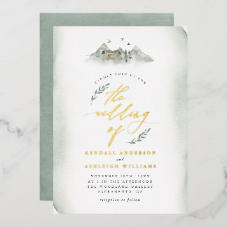 Invitation En Aluminium Pays Vert aquarelle Feuilles et Mariage de montagn