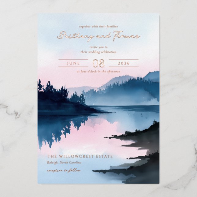 Invitation En Aluminium Paysage aquarelle bleu tranquille (Recto)