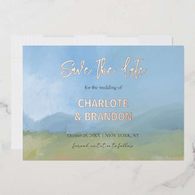 Invitation En Aluminium Paysage de mariage peint sous un ciel bleu Save Th (Enveloppe)