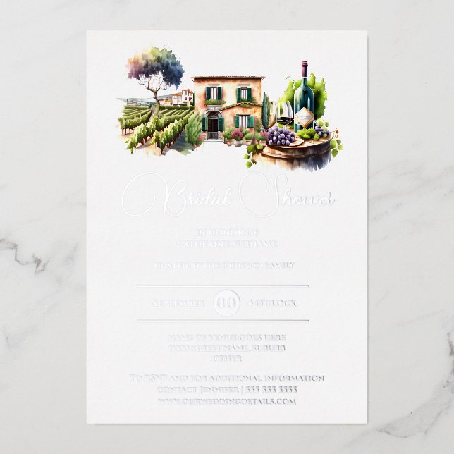Invitation En Aluminium Paysage rustique de vignoble avec feuille d'argent (Recto)