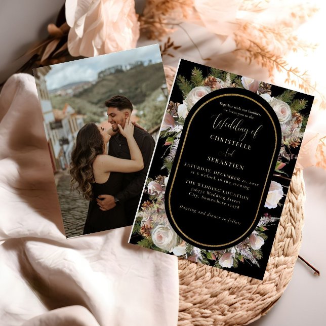 Invitation En Aluminium Peach Pink Boho Black Winter Floral Mariage (Créateur téléchargé)