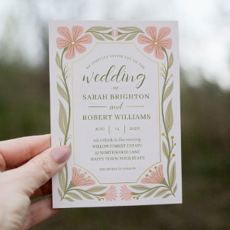 Invitation En Aluminium Peach rose & sage vert Art Nouveau fleur sauvage