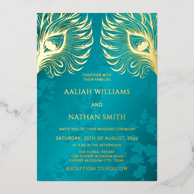 Invitation En Aluminium Peacock Feather Jewel Tone Gold Wedding  (Recto)