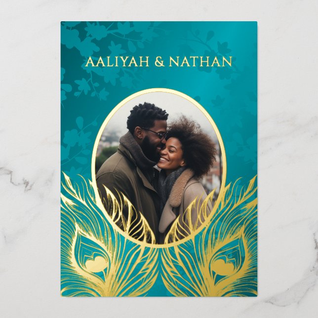 Invitation En Aluminium Peacock Feather Jewel Tone Gold Wedding  (Recto)