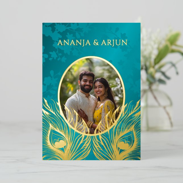 Invitation En Aluminium Peacock Jewel Tone Gold Wedding  (Debout devant)