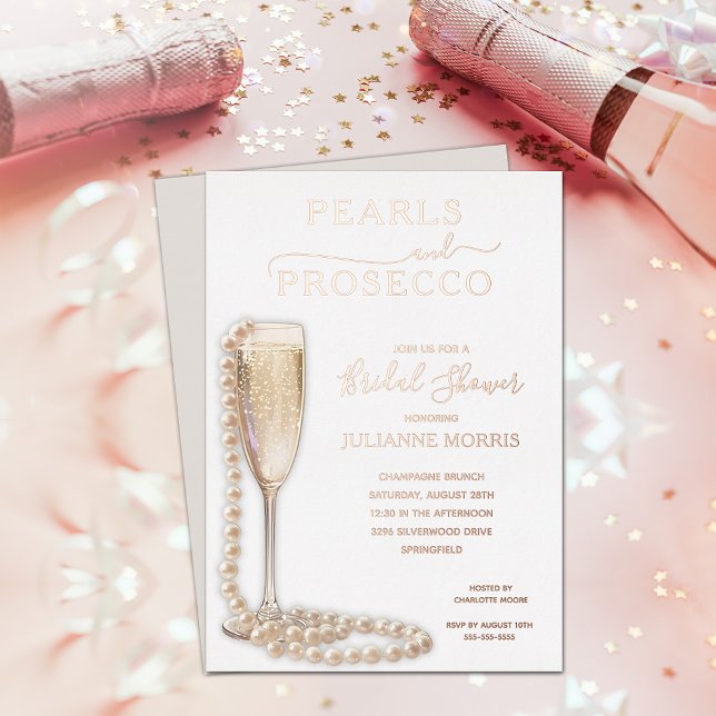 Invitation En Aluminium Pearls and Prosecco Bridal Shower Brunch & Bubbly (Pearls and Prosecco bridal shower brunch & bubbly REAL ROSE GOLD FOIL invitations)