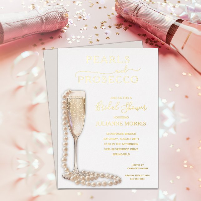 Invitation En Aluminium Pearls and Prosecco Bridal Shower Brunch & Bubbly (Pearls and Prosecco bridal shower brunch & bubbly REAL GOLD FOIL invitations)