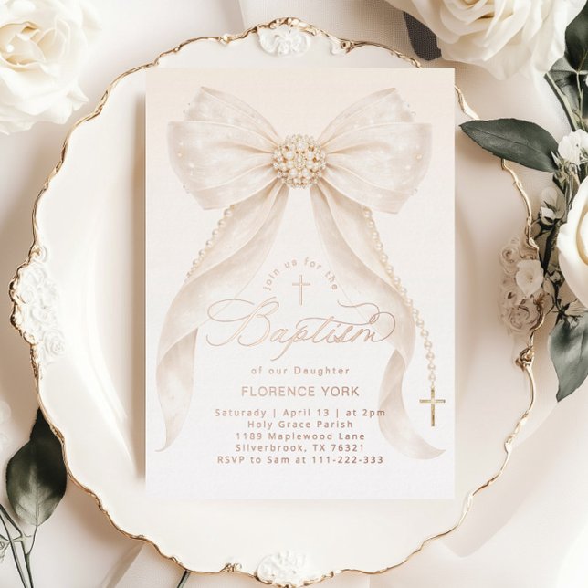 Invitation En Aluminium Pearls Gold Bow Girl Baptism Christening (Créateur téléchargé)