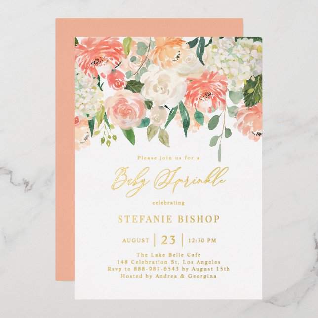 Invitation En Aluminium Pêche à l'aquarelle et fleurs d'ivoire saupoudrer  (Recto/Verso)