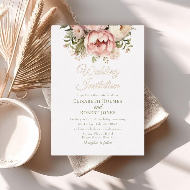Invitation En Aluminium Pêche en or rose et Mariage floral (Rose Gold Peach and Blush Floral Wedding Foil Invitation on a neutral boho wedding table.)
