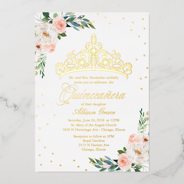 Invitation En Aluminium Pêche Florale Tiara Quinceanera (Recto)