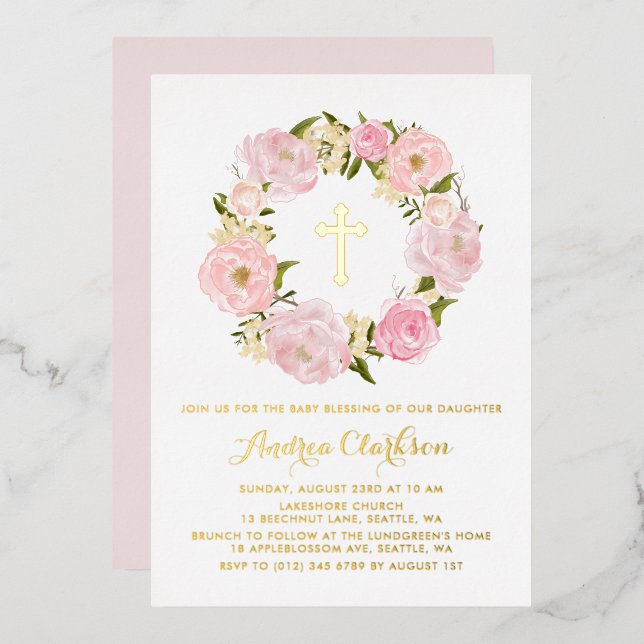 Invitation En Aluminium Peine rose rousse Florale Wreath Blessing bébé (Recto/Verso)