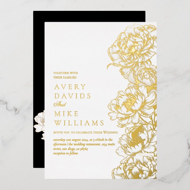 Invitation En Aluminium Peonies florales Blanc Golden Elegant Mariage (Recto/Verso)