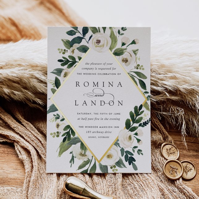 Invitation En Aluminium Peony blanc | Mariage de cadre fleuri géométrique (Créateur téléchargé)