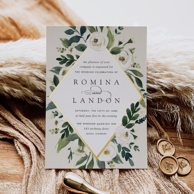 Invitation En Aluminium Peony blanc | Mariage de cadre fleuri géométrique (Créateur téléchargé)