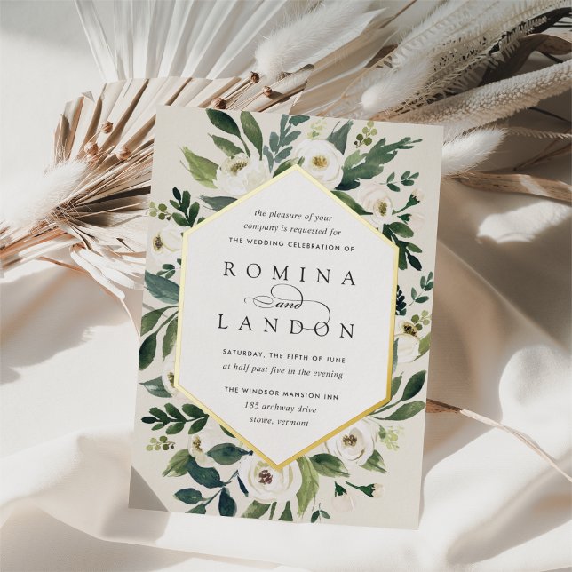 Invitation En Aluminium Peony blanc | Mariage de cadre fleuri géométrique (Créateur téléchargé)