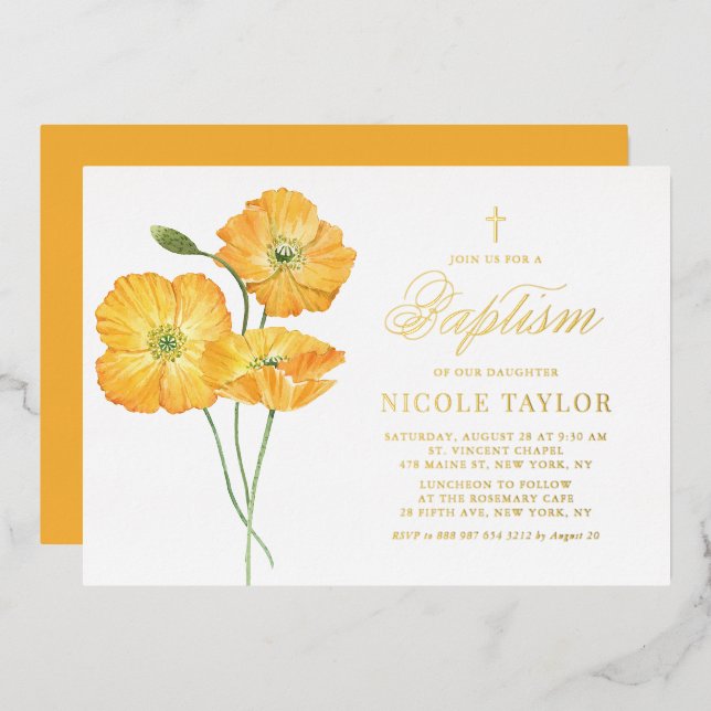 Invitation En Aluminium Pépites d'aquarelle orange Baptême d'été floral (Recto/Verso)