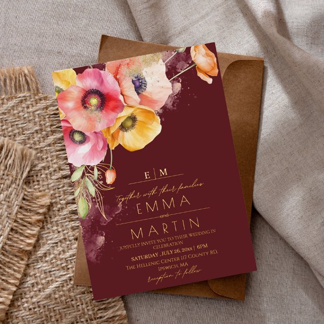 Invitation En Aluminium Pépites d'or et d'aquarelle de Bourgogne Mariage f (Créateur téléchargé)