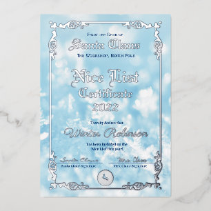 Invitation En Aluminium Père Noël Liste Nice Certificat Foil Invitatiatiat