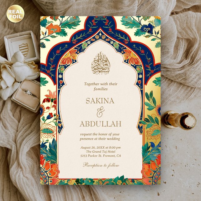 Invitation En Aluminium Perse Floral Inlay Crème Mariage musulman Or (Créateur téléchargé)