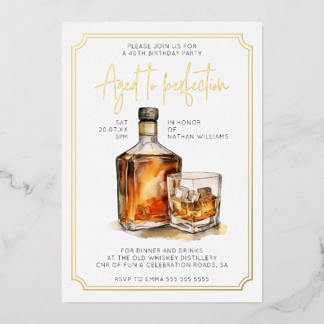 Invitation En Aluminium Personnalisable 40e anniversaire Whiskey Real Gold (Recto)