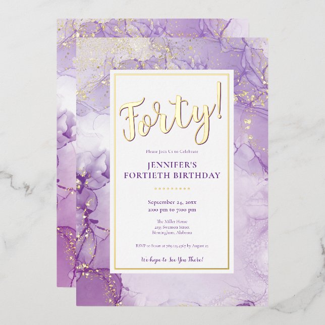 Invitation En Aluminium PERSONNALISÉ - Porter Lavender & Gold Foil Anniver (Recto/Verso)