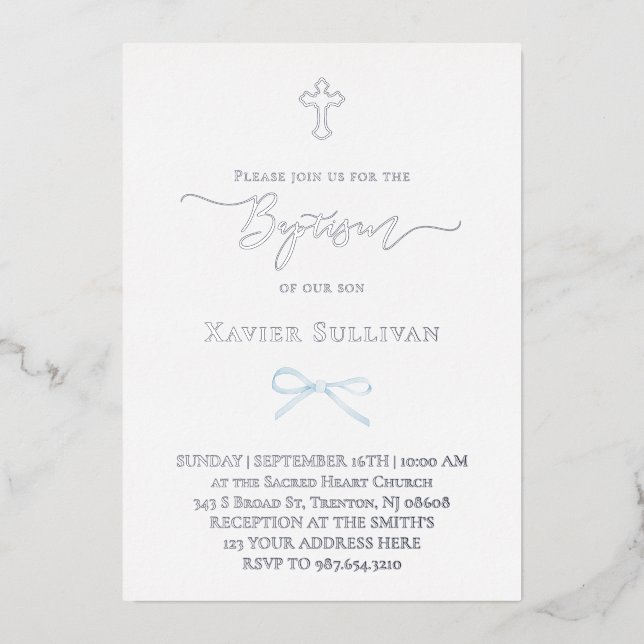 Invitation En Aluminium petit arc bleu Baptême (Recto)