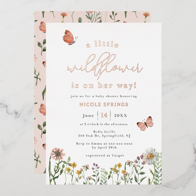 Invitation En Aluminium Petit Baby shower Fleur sauvage Rose Gold (Recto/Verso)