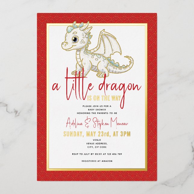 Invitation En Aluminium Petit Dragon Mignonne Sur Le Chemin Baby shower Ro (Recto)