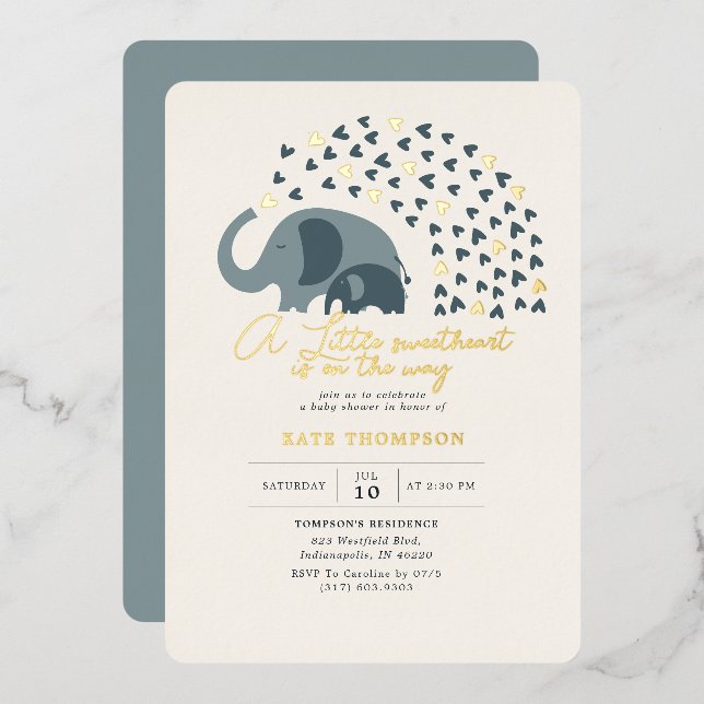 Invitation En Aluminium Petit Eléphant petit amoureux Baby shower d'or (Recto/Verso)