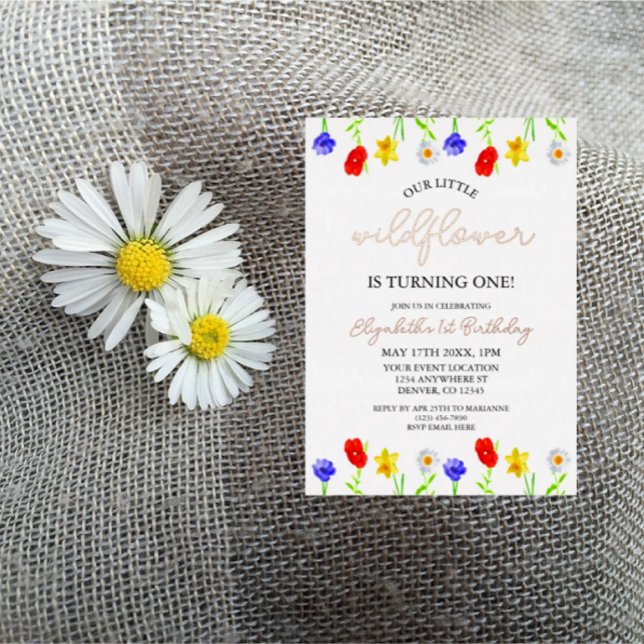 Invitation En Aluminium Petit Fleur sauvage 1er anniversaire (Créateur téléchargé)
