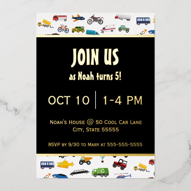 Invitation En Aluminium Petit Garçon Voitures Véhicule Enfant Anniversaire (Recto)