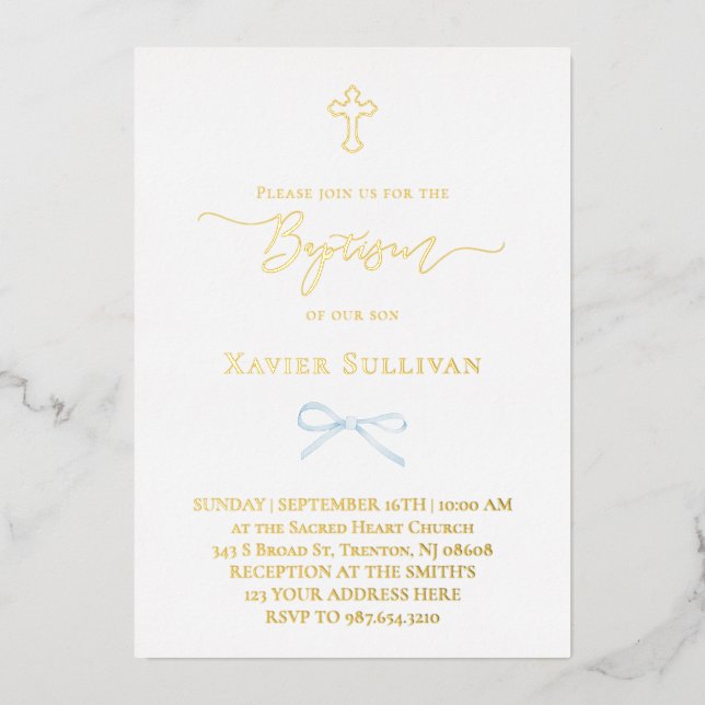 Invitation En Aluminium petit nœud bleu Baptême (Recto)
