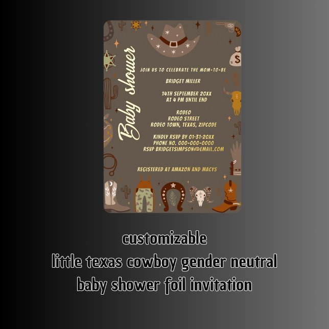 Invitation En Aluminium petit texas cowboy sexe neutre baby shower (little texas cowboy gender neutral baby shower foil invitation)