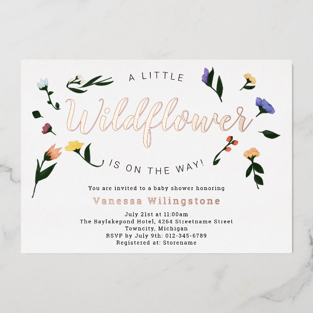 Invitation En Aluminium Petite Baby Shower Fleur Rose Gold Little Wildflow (Recto)