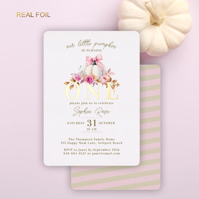 Invitation En Aluminium Petite Citrouille Bow Roses 1er Anniversaire Or (our little pumpkin turning one 1st birthday girl invitation gold foil pink bow roses floral elegant)