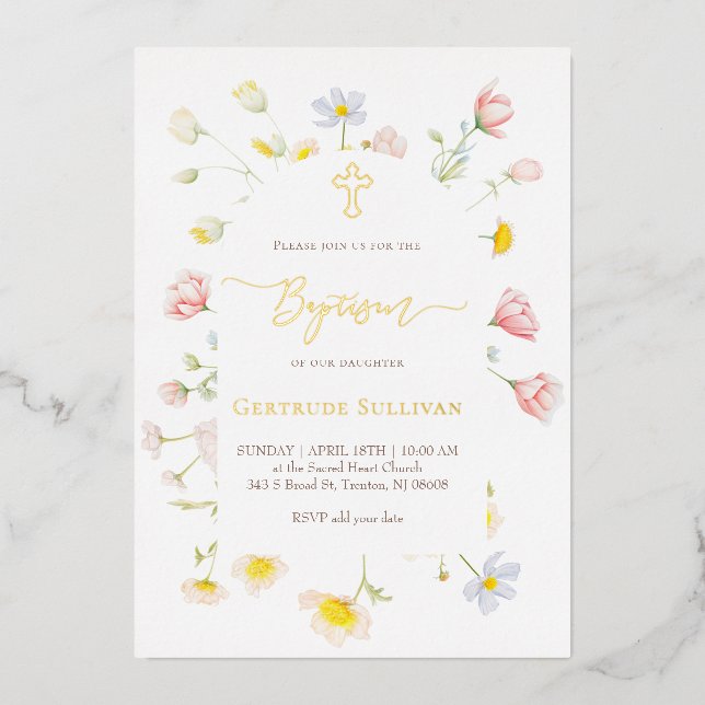 Invitation En Aluminium petites fleurs colorées Baptême (Recto)