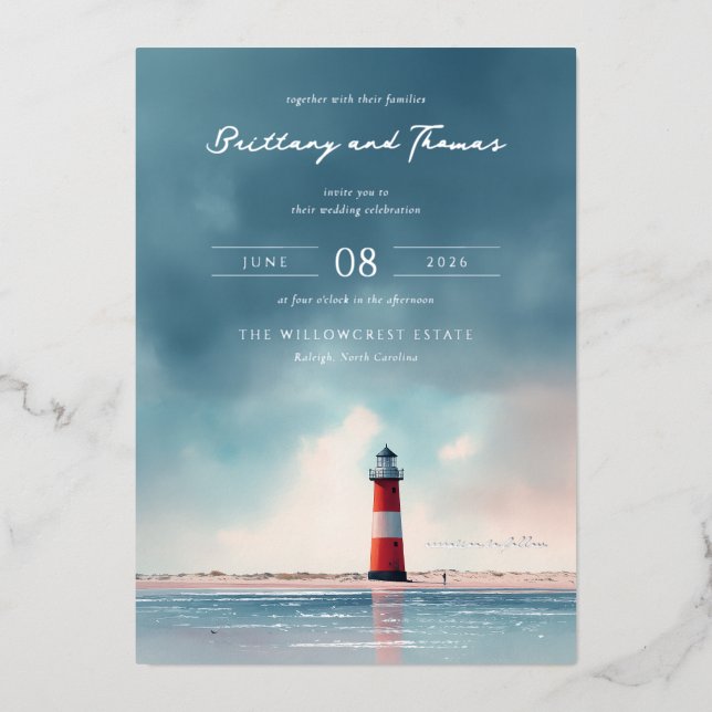 Invitation En Aluminium Phare Rose Bleu Romantique (Recto)