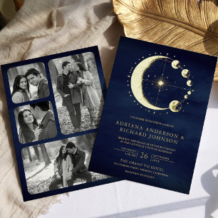Invitation En Aluminium Phases Crescent Lune Céleste Or Mariage Bleu