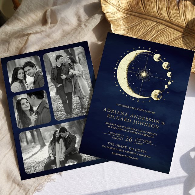 Invitation En Aluminium Phases Crescent Lune Céleste Or Mariage Bleu (Créateur téléchargé)