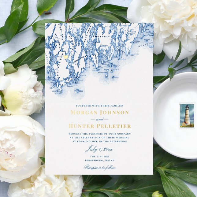 Invitation En Aluminium Phippsburg Maine Mariage Elegant Gold (This 1774 Inn gold foil and navy blue Maine map invitation is perfect for your Phippsburg wedding)