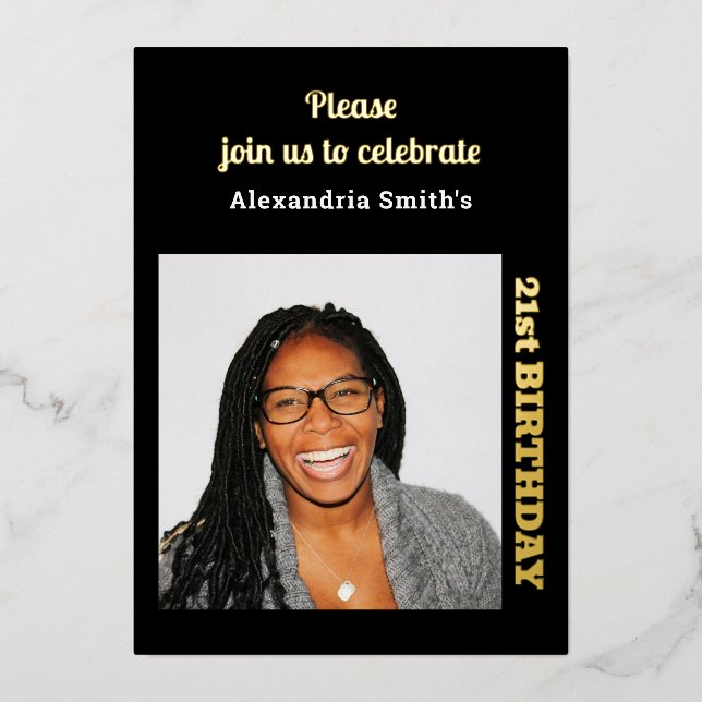 Invitation En Aluminium Photo 21e anniversaire Black Gold (Recto)