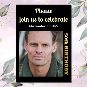Invitation En Aluminium Photo 50th Birthday Black Gold
