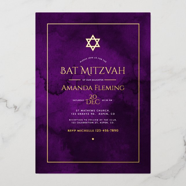 Invitation En Aluminium Photo Bat mitzvah couleur or et pourpre (Recto)