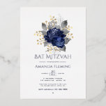 Invitation En Aluminium Photo Bat mitzvah floral marine et argent<br><div class="desc">Bat mitzvah cool d'aquarelle à accents bleu marine,  argent et or personnalisable selon vos spécifications.</div>
