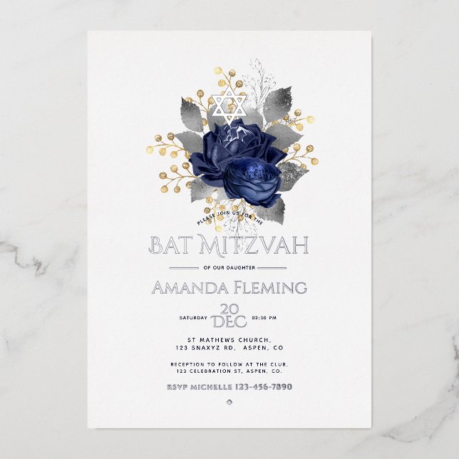 Invitation En Aluminium Photo Bat mitzvah floral marine et argent (Recto)