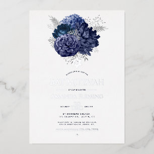 Invitation En Aluminium Photo Bat mitzvah floral marine et argent