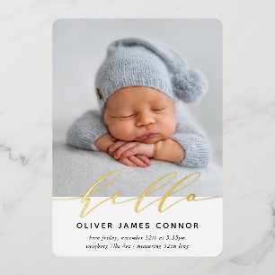 Invitation En Aluminium PHOTO BÉBÉ MODERNE élégante hello calligraphie hau