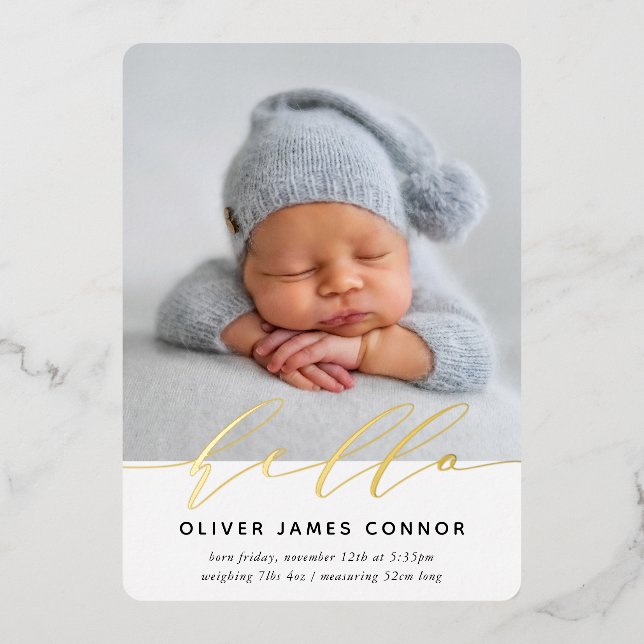 Invitation En Aluminium PHOTO BÉBÉ MODERNE élégante hello calligraphie hau (Recto)